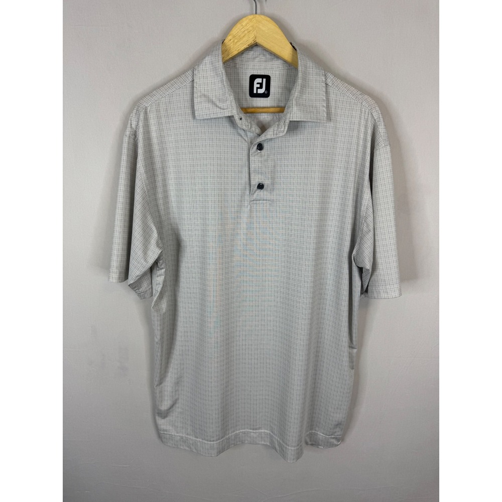 FootJoy Mens Gray Micro Grid‎ Check Performance Golf Polo Shirt Large FJ Logo